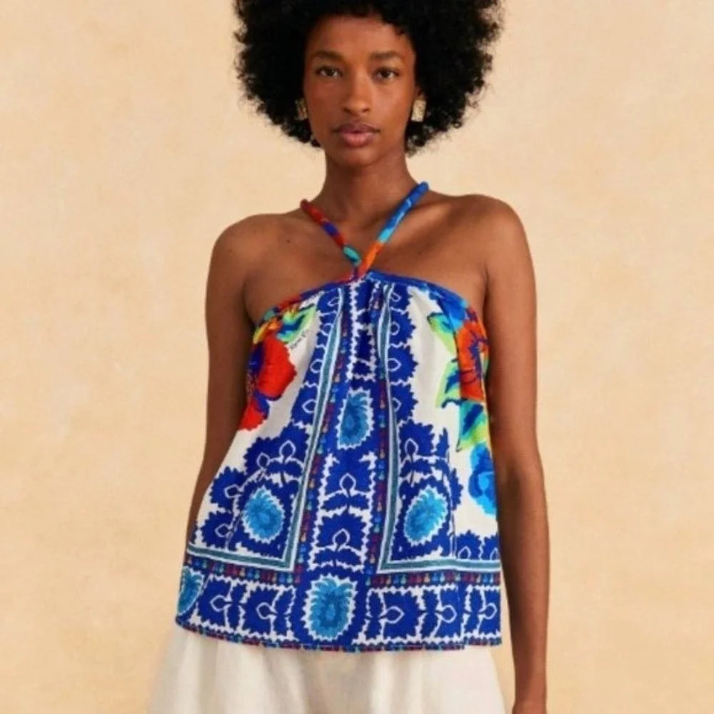 Farm Rio Tapestry Blue Red Mixed Floral Tile Print Halter Top Open Back | M - Picture 1 of 11